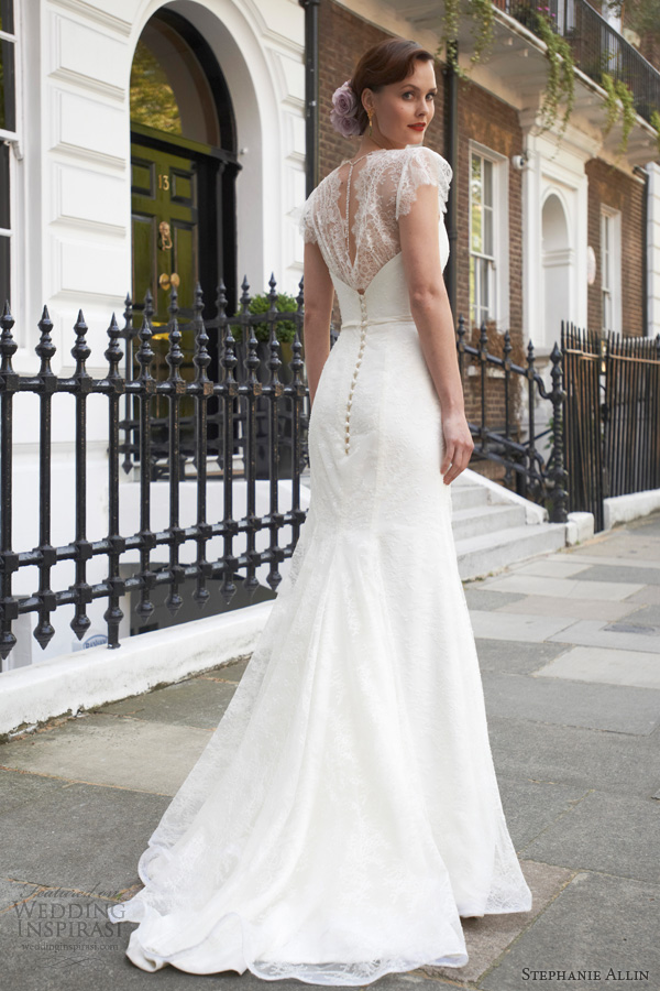 stephanie allin wedding dresses 2014 freya scallop lace cap sleeve sheath gown back train