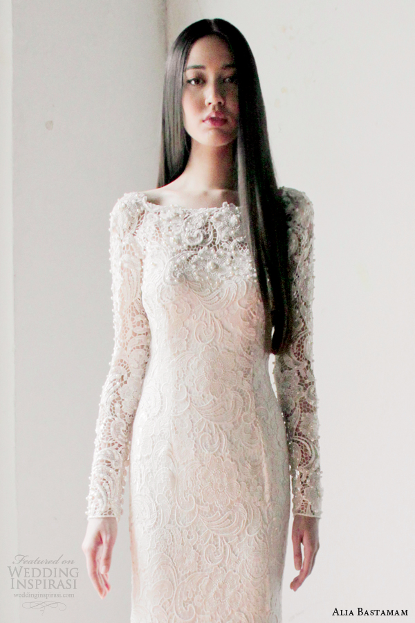 alia bastamam 2013 long sleeve lace wedding dress close up bodice