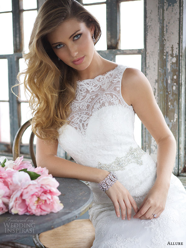 allure bridal fall 2013 sleevless wedding dress bateau neckline crystal pearl waist style 9066