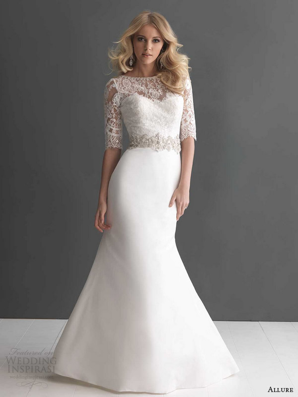 allure bridals fall 2013 wedding dress with sleeves illusion neckline style 2666