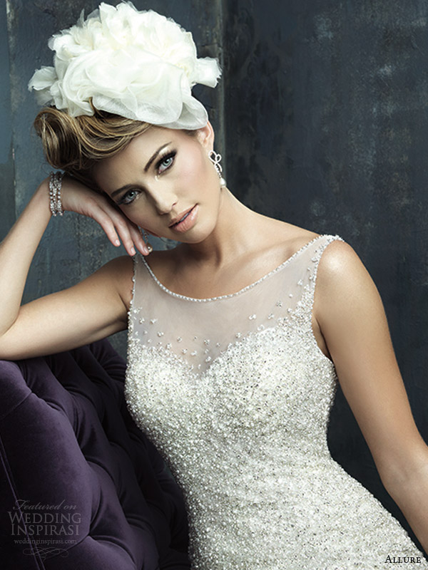 allure couture bridal fall 2013 sleeveless wedding dress illusion neckline c271 close up bodice