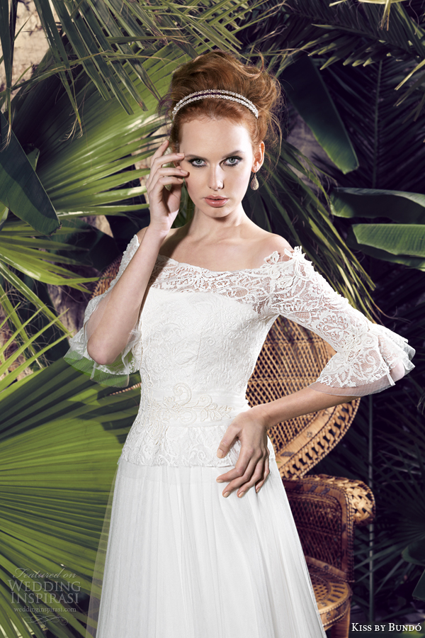 kiss by bundo 2014 kuka off shoulder wedding dress with sleeves close up