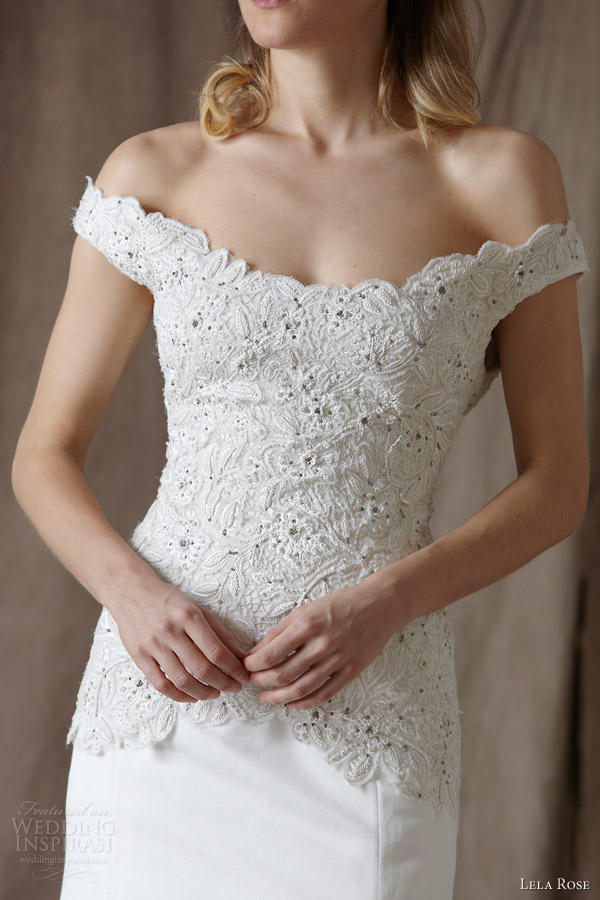 lela rose bridal 2014 the resort wedding dress off shoulder straps bodice detail close up