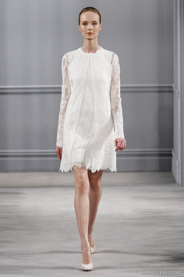 monique lhuillier 2014 short civil ceremony wedding dress ellie lace coat sleeveless shift