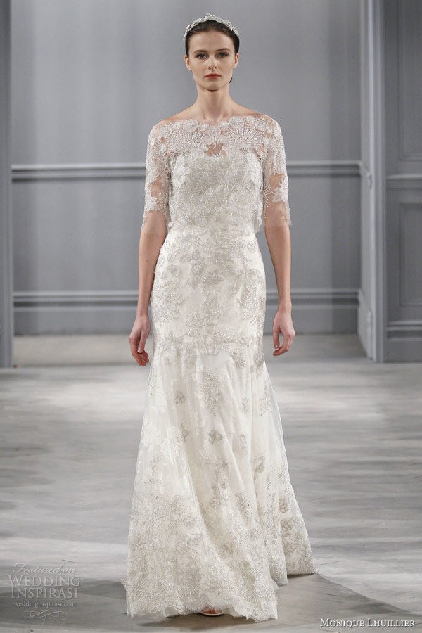 monique lhuillier bridal spring 2014 darcelle strapless trumpet gown short sleeve bolero