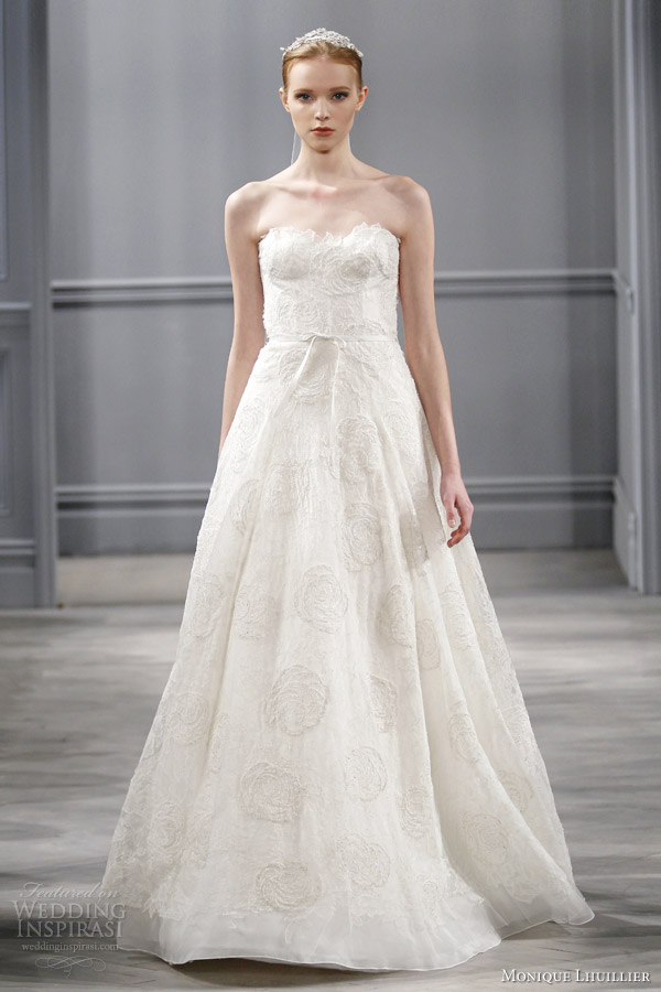 monique lhuillier spring 2014 bridal collection bloom strapless a line wedding dress