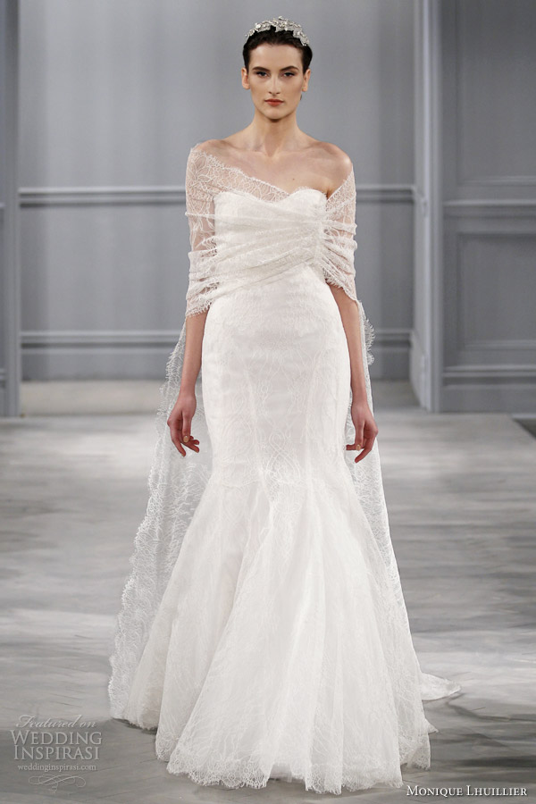 monique lhuillier spring 2014 bridal intrigue strapless wedding dress lace shawl