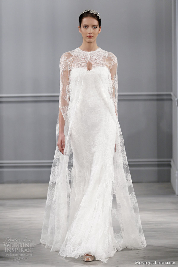 monique lhuillier spring 2014 bridal sandrine wedding dress lace cape