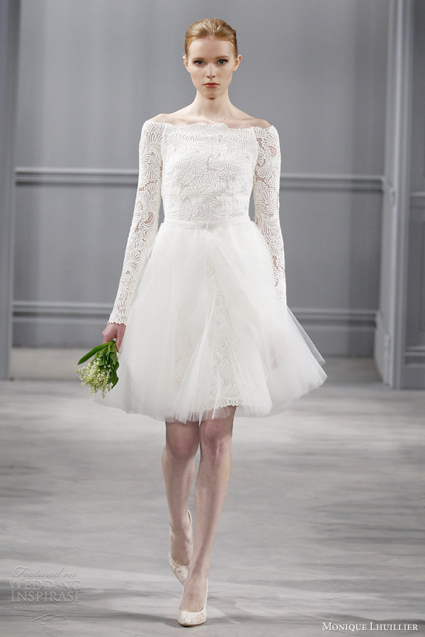 monique lhuillier spring 2014 short wedding dress long sleeves joilie