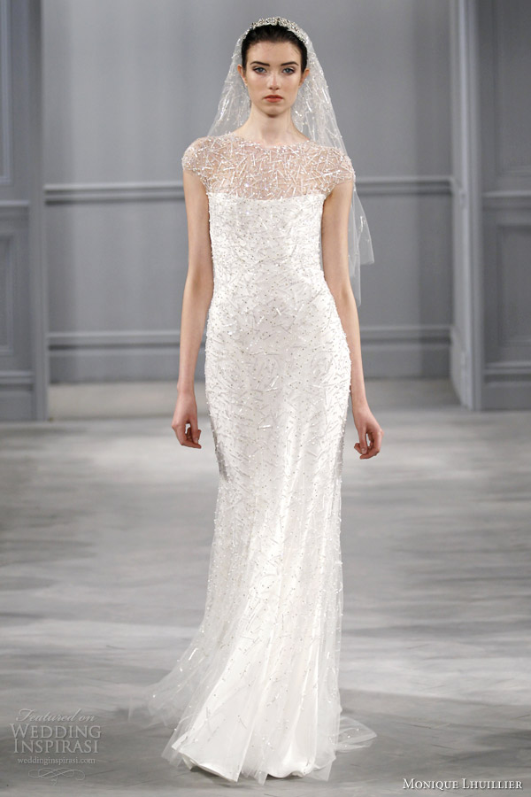 monique lhuillier wedding dresses spring 2014 bridal  celestial cap sleeve beaded gown