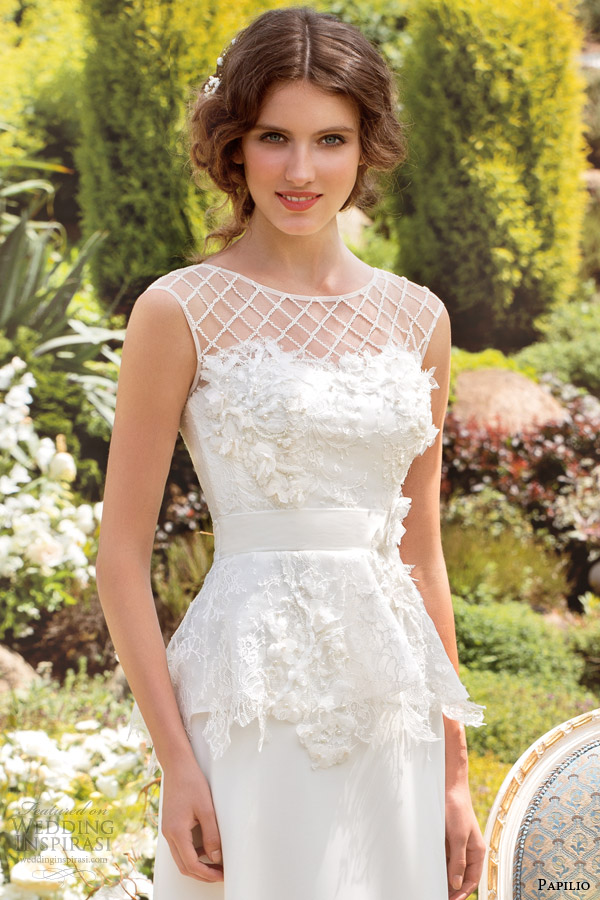 papilio wedding dresses 2014 filomena illusion cap sleeve peplum close up lattice