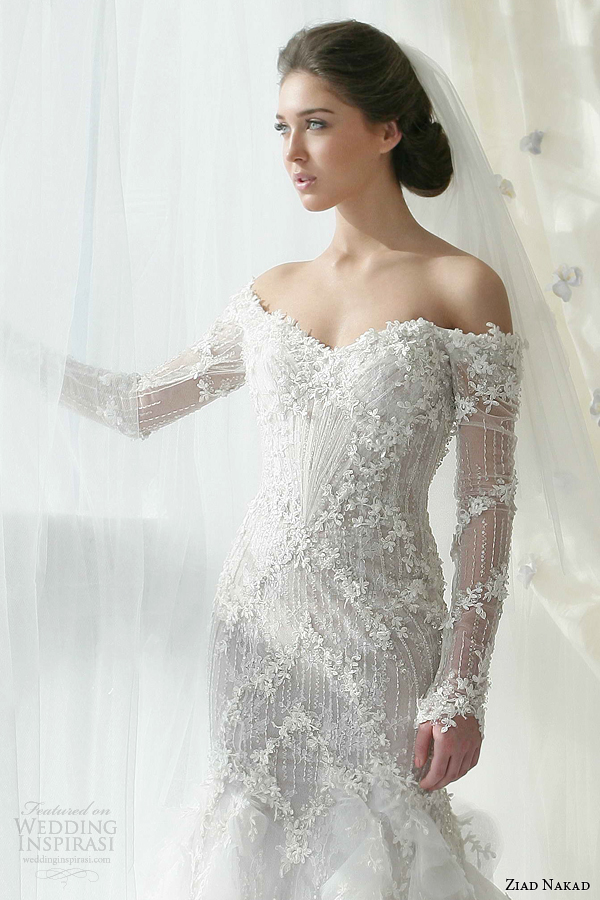 ziad nakad bridal 2013 wedding dress off shoulder long sleeves close up bodice