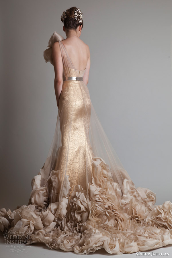 krikor jabotian couture fall 2013 2014 gold one shoulder gown illusion overskirt back