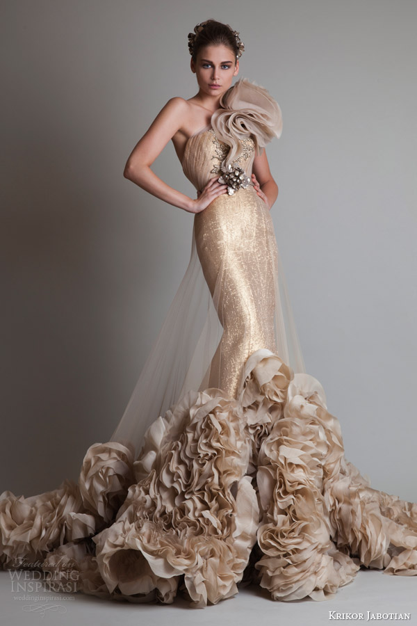 krikor jabotian couture fall 2013 2014 gold one shoulder gown illusion overskirt
