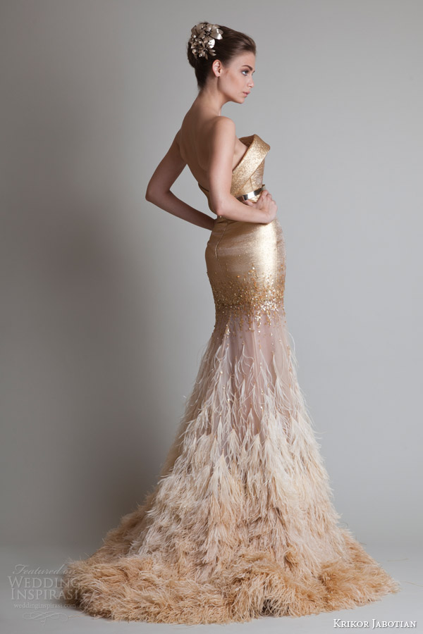 krikor jabotian couture fall 2013 closure strapless gold ombre dress feather train