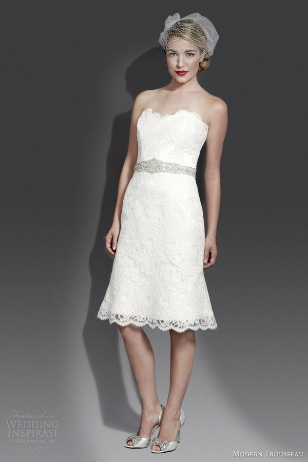 modern trousseau bridal fall 2014 delilah short lace wedding dress