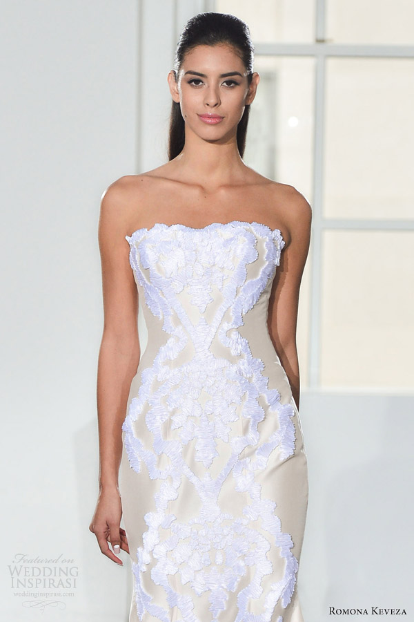 romona keveza wedding dresses fall 2014 strapless bridal gown style rk579 ribbon lace bodice close up