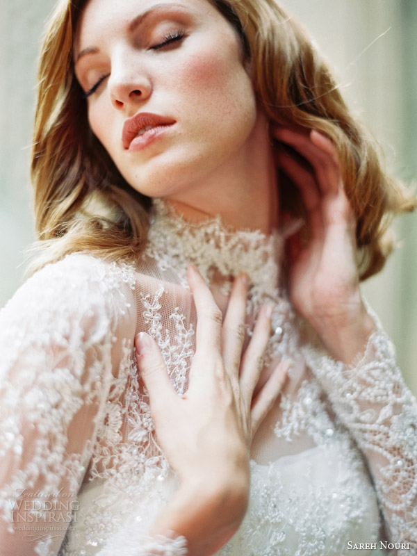 sareh nouri bridal fall 2014 queen elizabeth long sleeve lace wedding dress close up bodice