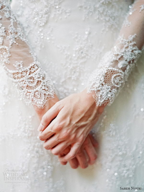 sareh nouri bridal fall 2014 queen elizabeth long sleeve lace wedding dress detail