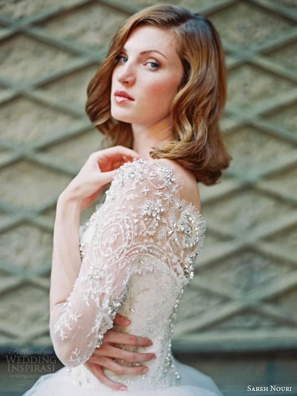 sareh nouri wedding dresses fall 2014 bridal ziba ball gown long sleeves bodice close up side