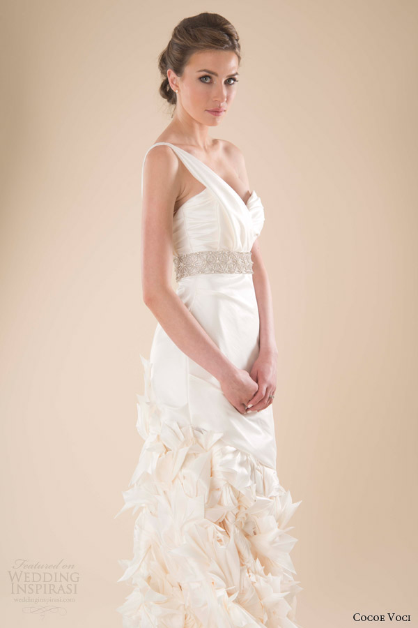 cocoe voci spring 2014 bridal lark one shoulder wedding dress close up