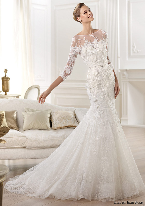 elie by elie saab 2014 cignus three quearter sleeve wedding dress