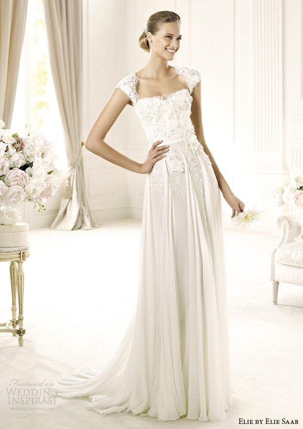 elie by elie saab wedding dresses 2014 bridal galant cap sleeve gown godet skirt