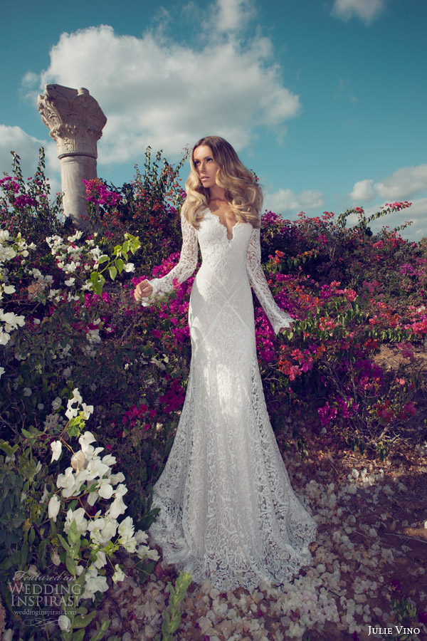 julie vino 2014 bridal long sleeve wedding dress lace illusion