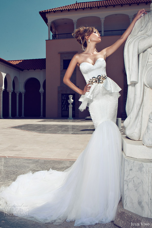 julie vino 2014 bridal strapless peplum mermaid wedding dress gold belt