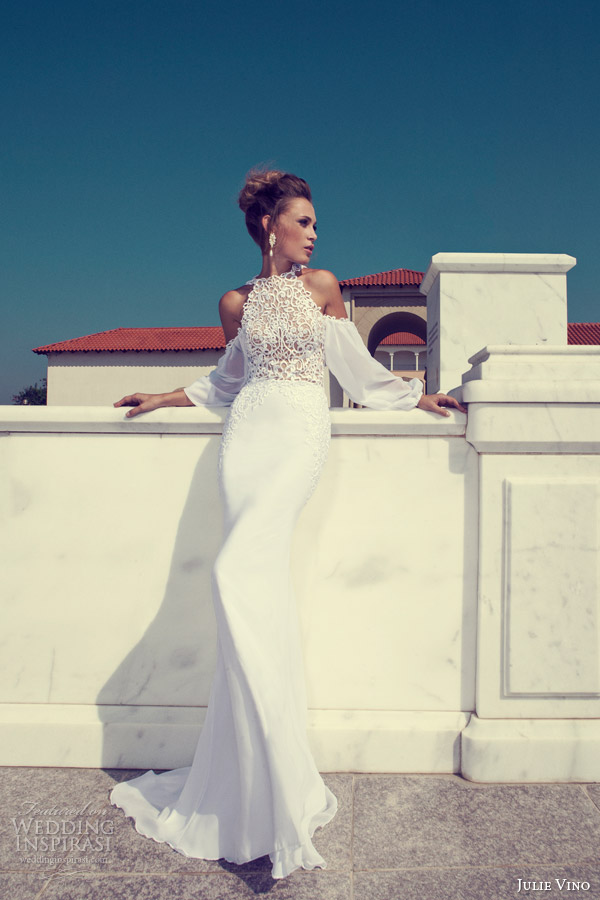 julie vino 2014 halter neck wedding dress long sleeves