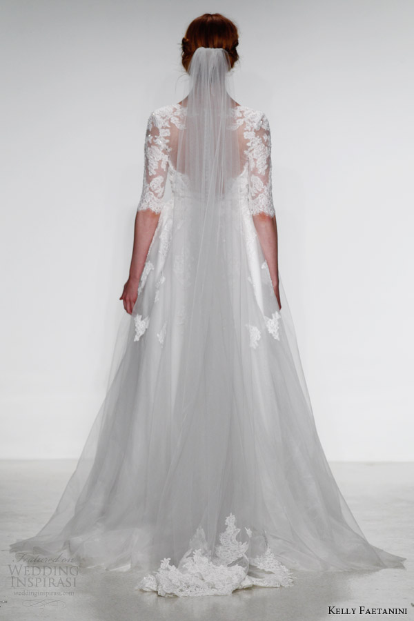 kelly faetanini wedding dress fall 2014 bridal lena gown three quarter lace sleeves back train veil