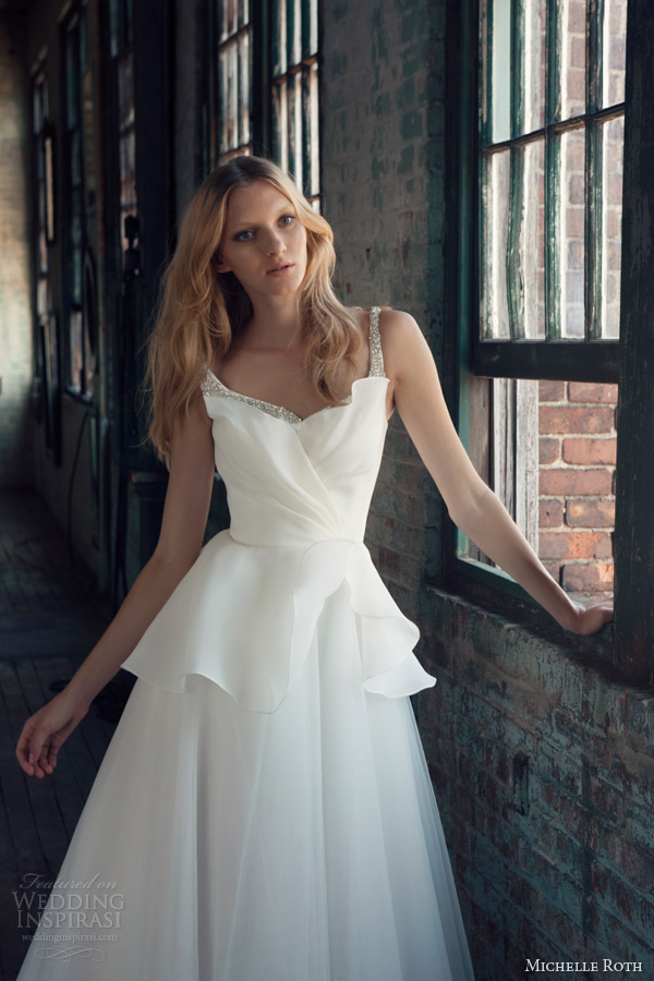 michelle roth bridal 2014 rebecca wedding dress embellished straps bodice close up crumbcatcher neckline