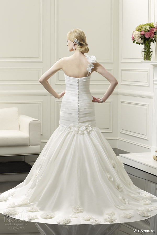 val stefani spring 2014 one shoulder fit and flare wedding dress style d8056 back view train