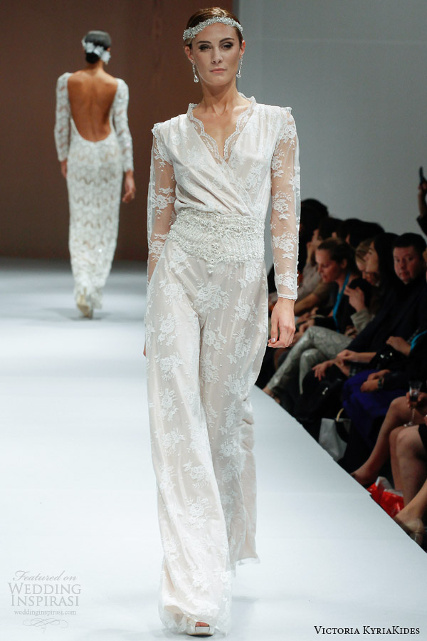 victoria kyriakides wedding dresses fall 2014 marlene ds bridal jumpsuit illusion long sleeves