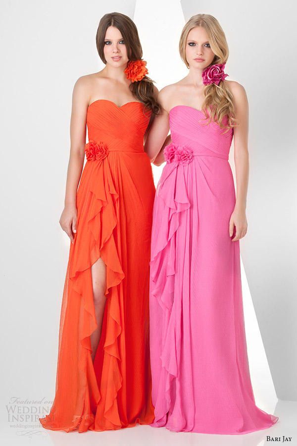 bari jay strapless bridesmaids dress style 881 color pumpkin orange peony pink