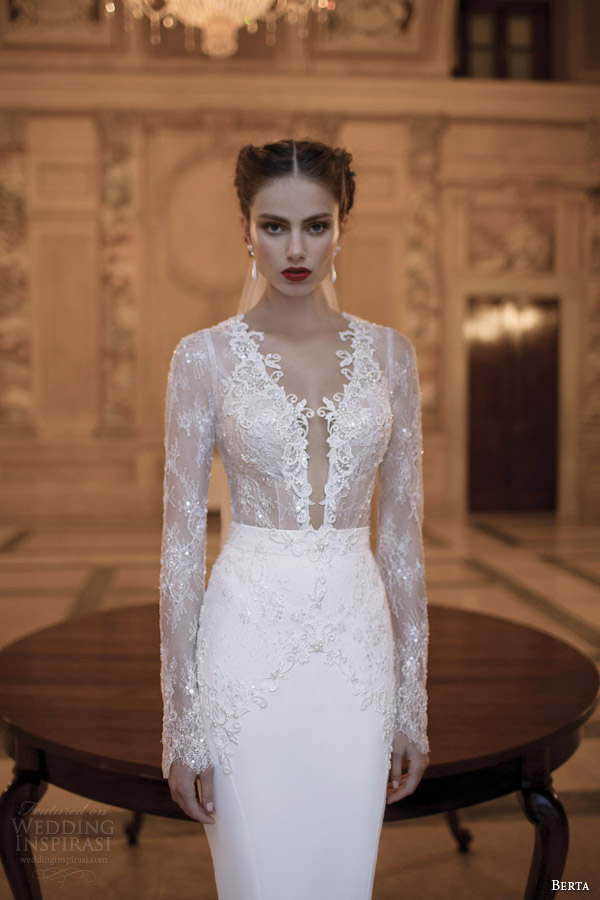 berta bridal gowns 2014 long illusion sleeve dress close up