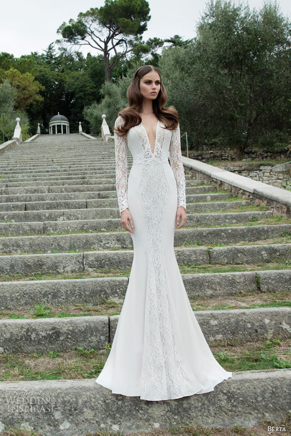 berta wedding dress 2014 long illusion sleeve bridal gown