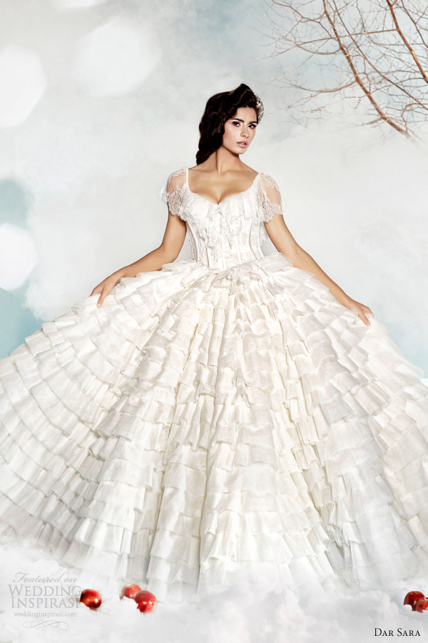 dar sara wedding dresses 2014 ruffle bridal ball gown with illusion sleeves