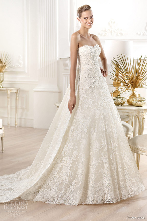 pronovias strapless lace wedding dress