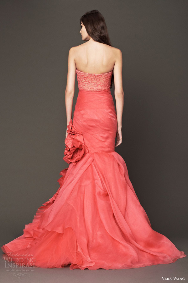 vera wang bridal 2014 fall strapless mermaid coral color wedding dress back