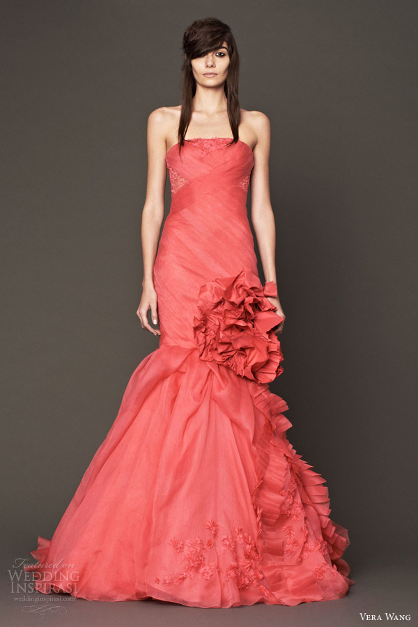 vera wang bridal 2014 fall strapless mermaid coral color wedding dress