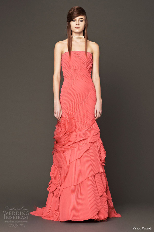 vera wang bridal 2014 fall strapless pleated coral color wedding dress