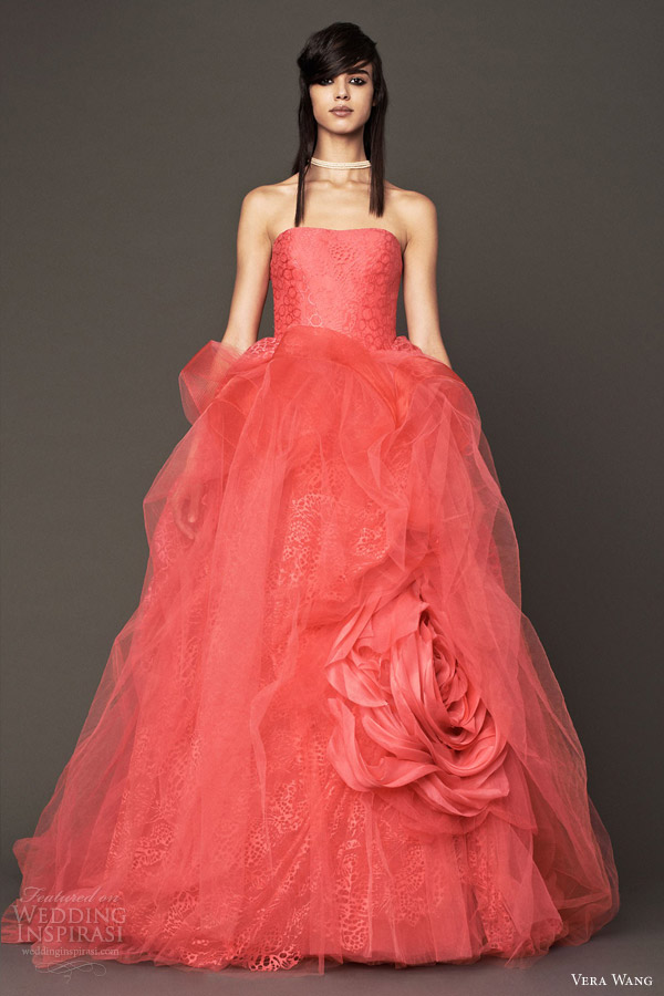 vera wang color wedding dresess fall 2014 coral strapless ball gown