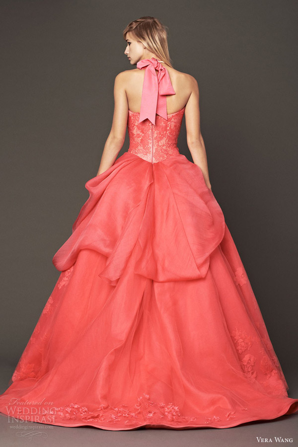 vera wang color wedding dress fall 2014 strapless coral ball gown back view
