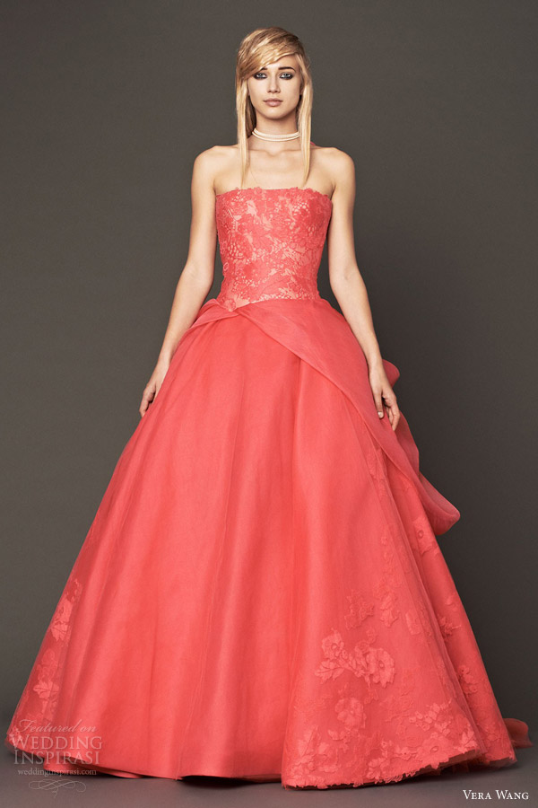 vera wang color wedding dress fall 2014 strapless coral ball gown