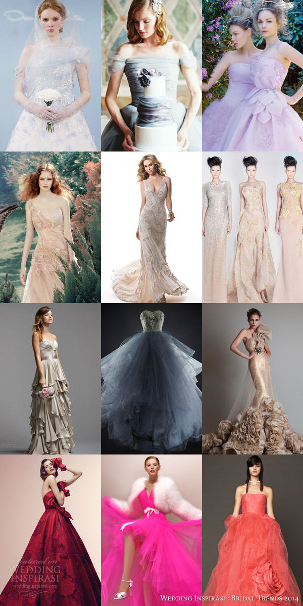 bridal trends 2014 color beyond pink wedding dresses metallic colorful - blue lilac purple gold