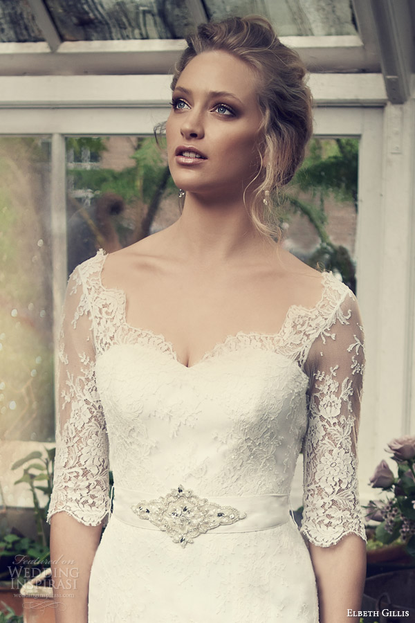 elbeth gillis wedding dresses 2014 catherine lace gown sleeves detachable embeelished sash bodice close up