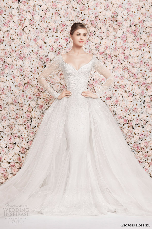 georges hobeika bridal 2014 illusion long sleeve wedding dress over skirt