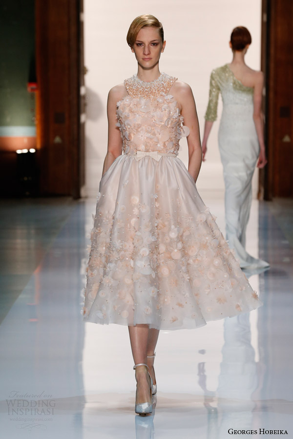 georges hobeika couture spring 2014 halter neck peach dress bow tea length