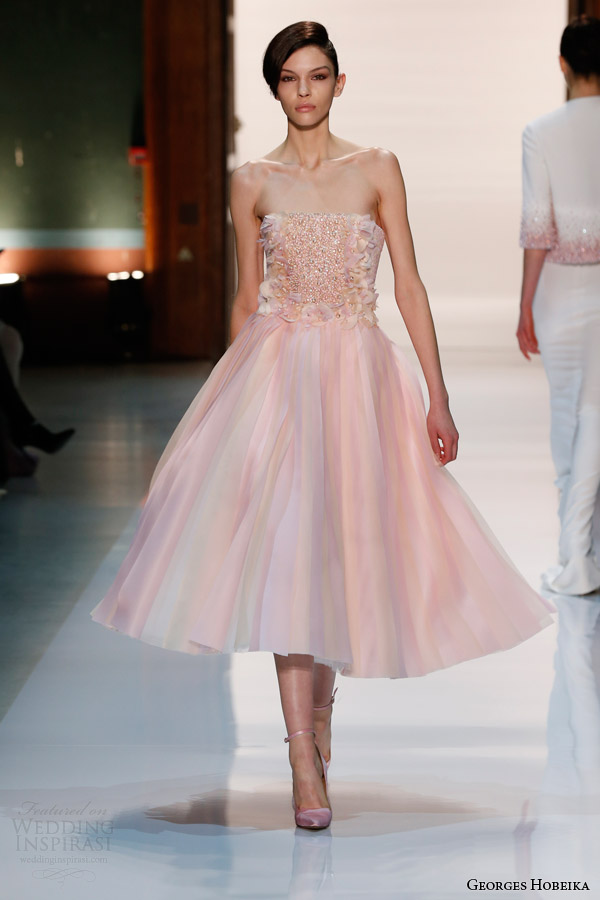 georges hobeika couture spring 2014 strapless pale pink tea length dress pearl beaded bodice